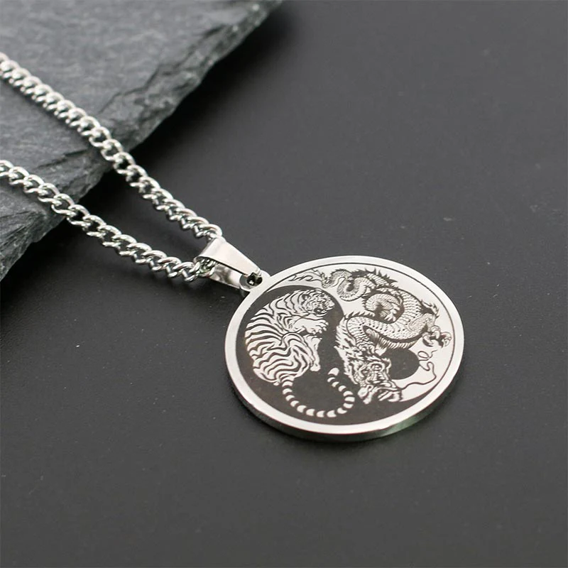 Buddha Stones Tiger Dragon Titanium Steel Chain Necklace Harmony