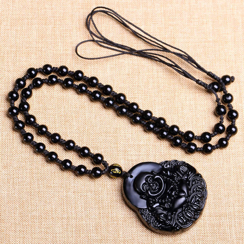 Buddha Stones Laughing Buddha Black Obsidian Strength Protection