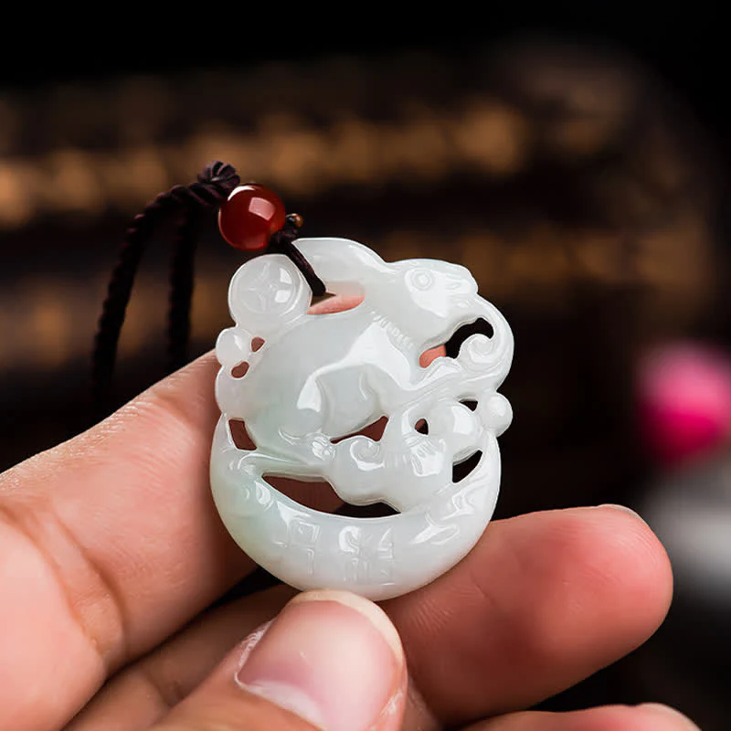 Buddha Stones Year of the Rabbit White Jade Crescent Moon Protec