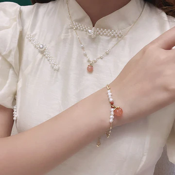 Buddha Stones Gold-plated Copper Natural Yanyuan Agate Pearl Positive Necklace Pendant Bracelet Earrings Set