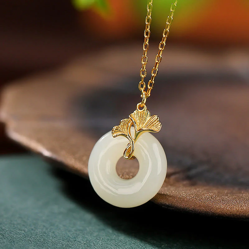 Buddha Stones 925 Sterling Silver Natural Hetian Jade Ginkgo Lea
