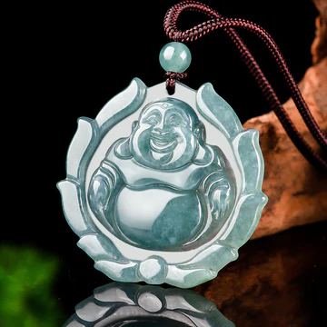 Buddha Stones Natural Jade Laughing Buddha Lotus Pattern Luck Ne