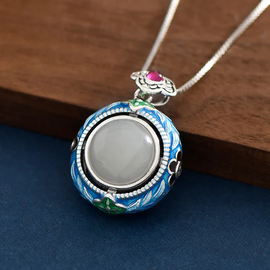 Buddha Stones 925 Sterling Silver Blue Enamel Round Hetian Jade Luck Necklace Pendant Ring Set