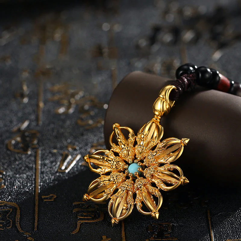 Buddha Stones Tibetan 925 Sterling Silver 24K Gold Plated Dorje Vajra Turquoise Spiritual Power Necklace Pendant