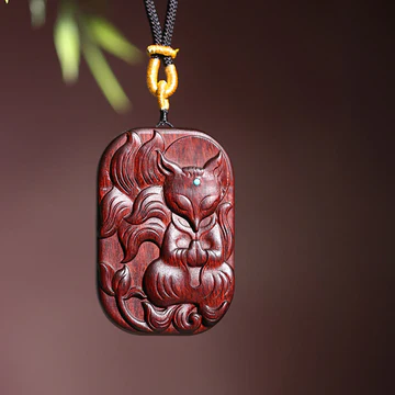 Buddha Stones Small Leaf Red Sandalwood Nine-tailed Fox Pattren Longevity Necklace Pendant