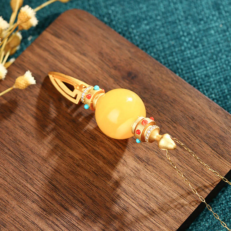 Buddha Stones 24K Gold Plated Amber Dorje Vajra Clear Anxiety Necklace Pendant