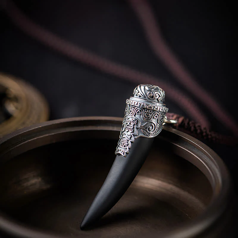 Buddha Stones 925 Sterling Silver Black Obsidian Wolf Tooth Pattern Strength Necklace Pendant