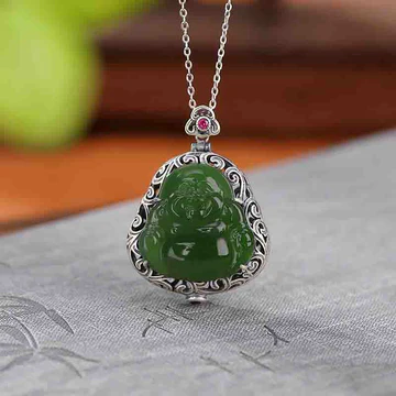 Buddha Stones 925 Sterling Silver Natural Hetian Cyan Jade Laugh
