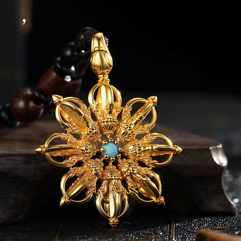 Buddha Stones Tibetan 925 Sterling Silver 24K Gold Plated Dorje Vajra Turquoise Spiritual Power Necklace Pendant