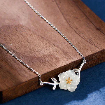 Buddha Stones 925 Sterling Silver Natural Hetian White Jade Peach Blossom Luck Necklace Pendant Bracelet Bangle Ring Earrings Se