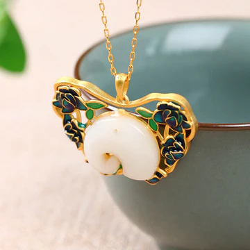Buddha Stones White Jade Elephant Butterfly Lotus Success Neckla