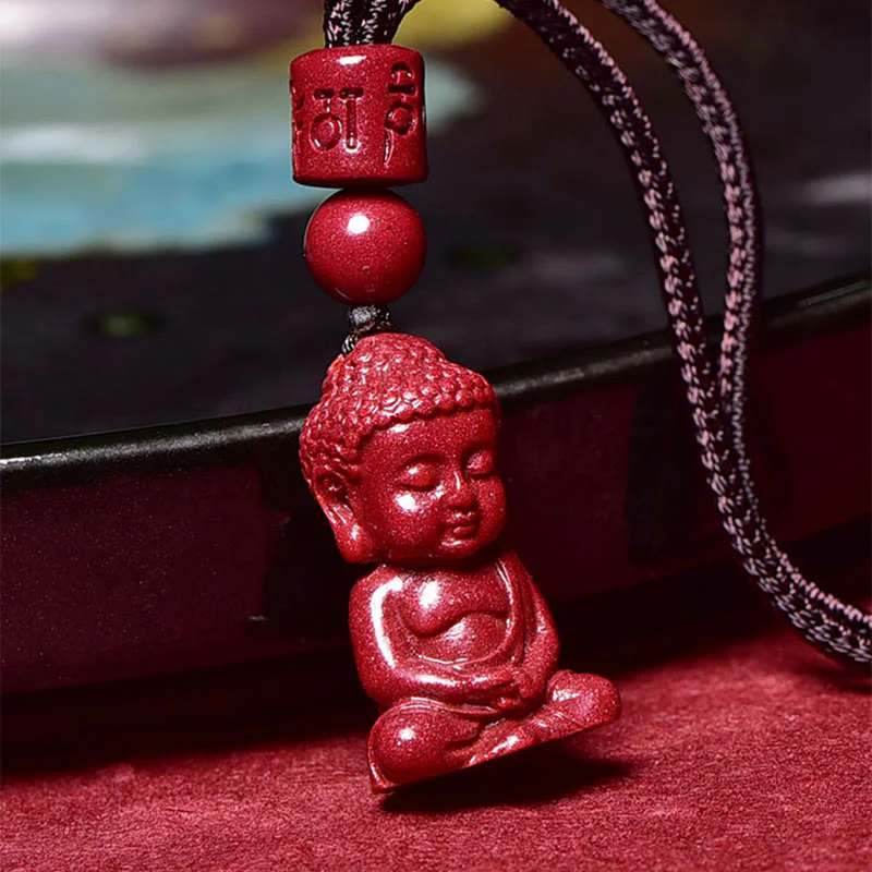 Buddha Stones Natural Cinnabar Buddha Pattern Om Mani Padme Hum Blessing String Necklace Pendant