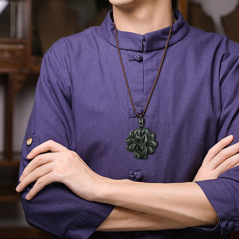 Buddha Stones Hetian Cyan Jade Nine Tailed Fox Luck Necklace String Pendant