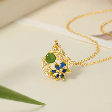 Buddha Stones 925 Sterling Silver Natural Hetian Cyan Jade Flowe