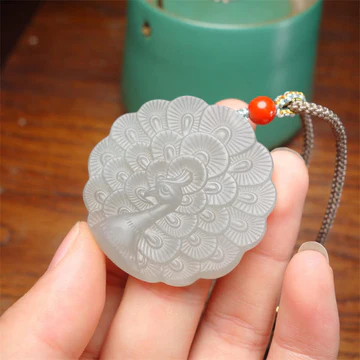 Buddha Stones White Jade Peacock Protection Blessing Necklace Pendant