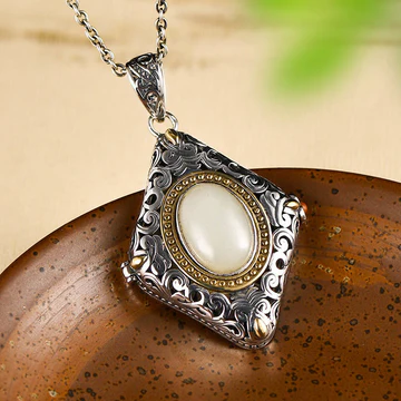 Buddha Stones 925 Sterling Silver Rhombus Design Hetian Jade Luck Necklace Pendant Ring Set