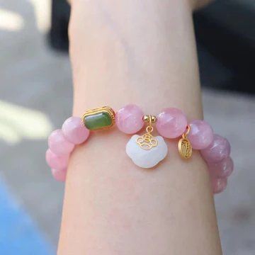 Buddha Stones 925 Sterling Silver Natural Madagascar Rose Quartz Hetian Jade Wish Lock Peace Bracelet