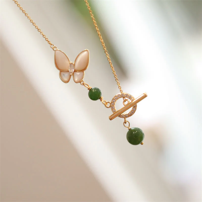 Buddha Stones Natural Cyan Jade Tridacna Stone Butterfly Bead Healing Necklace Pendant Ring Earrings