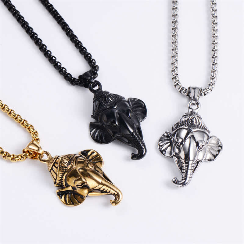 Buddha Stones Ganesh Ganpati Elephant Titanium Steel Protection Pendant Necklace