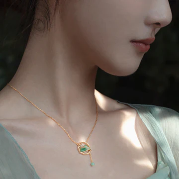 Buddha Stones 18K Gold Plated Copper Natural Jade Chalcedony A Panorama of Rivers and Mountains Luck Necklace Pendant Bracelet S