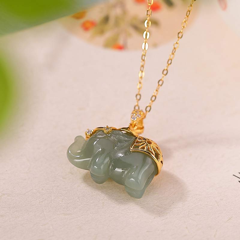 Buddha Stones 925 Sterling Silver Jade Elephant Blessing Fortune
