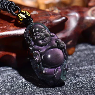 Natural Rainbow Obsidian Laughing Buddha Inner Peace Necklace Pe