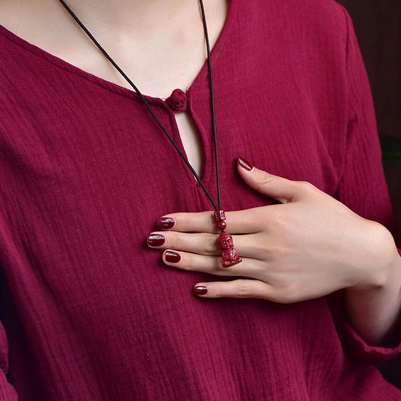 Buddha Stones Natural Cinnabar Buddha Pattern Om Mani Padme Hum Blessing String Necklace Pendant