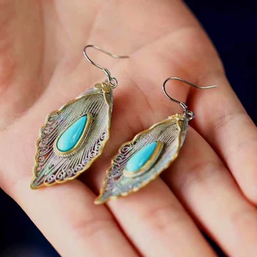 Buddha Stones 925 Sterling Silver Turquoise Bodhi Leaf Pattern Protection Drop Dangle Earrings