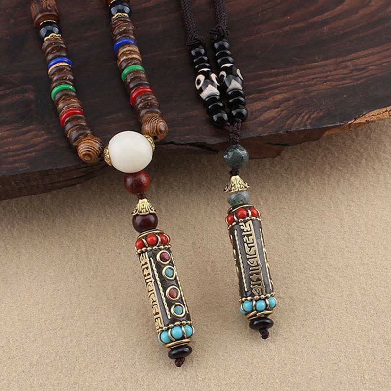 Buddha Stones Tibetan Om Mani Padme Hum Dzi Bead Wenge Wood Neck